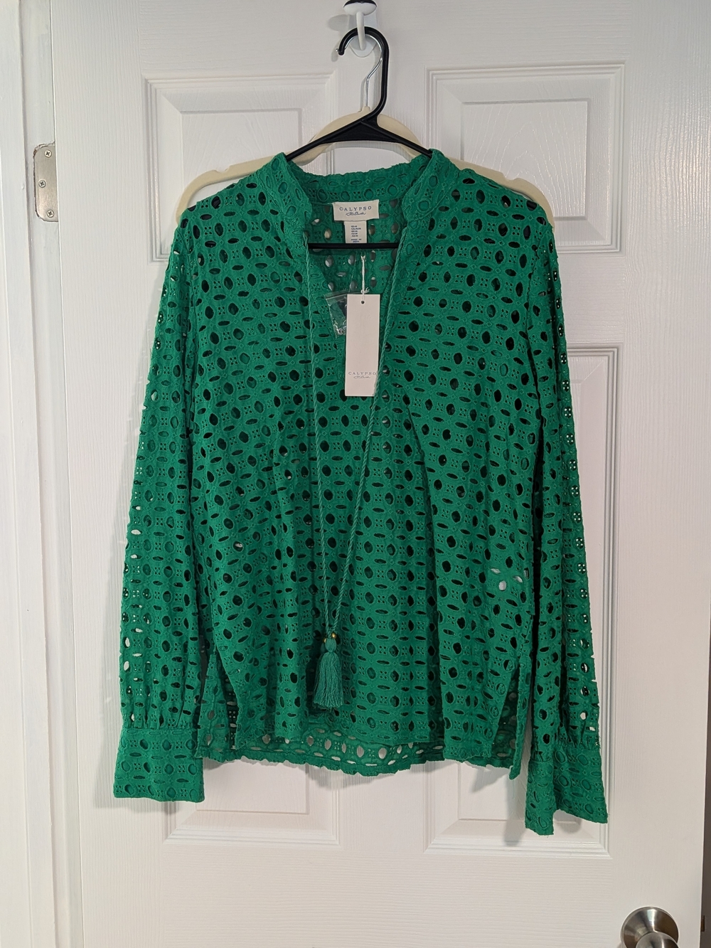 Calypso St Barth Kelly Green Eyelet Lace Drawstring Blouse